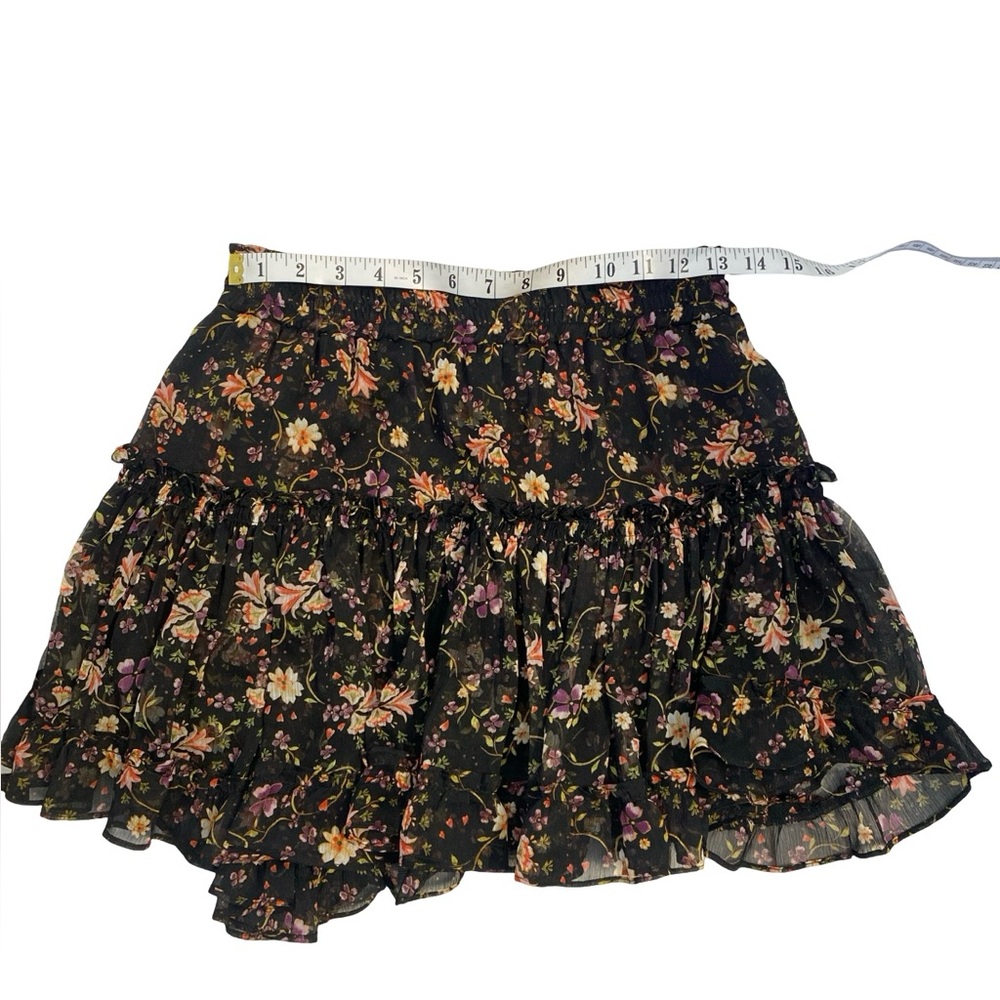 MISA Black Floral Ruffle Mini Skirt – Boho Luxe Tiered Sheer Overlay Size Small - Picture 7 of 11